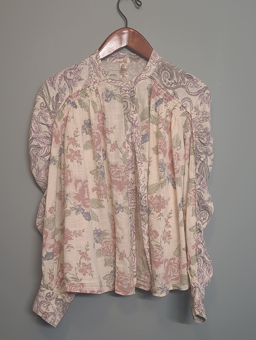 Free People Cream Floral Peasant Blouse with Paisley Trim